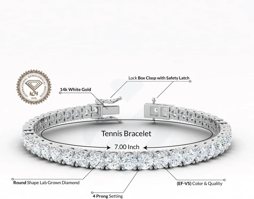 3.00-10.00 Carat IGI Certified Lab Grown Diamond Tennis Bracelet for Women 14K Solid White Gold Prong Setting Push Safety Lock Clasp Round Cut Jewelry Size 7" (E-F Color, VS1-VS2 Clarity)
