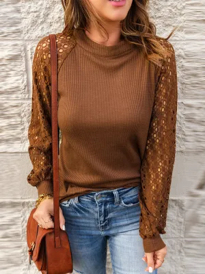 Casual Long Sleeve O-Neck Lace Blouse Top