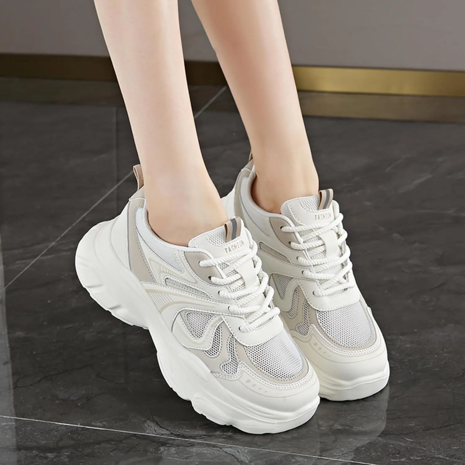 Chunky Sneakers for Women Fashion Platform Leather Casual Dad Shoes with Height - Increasing Feature Comfortable Wedge Walking Sport Sneakers