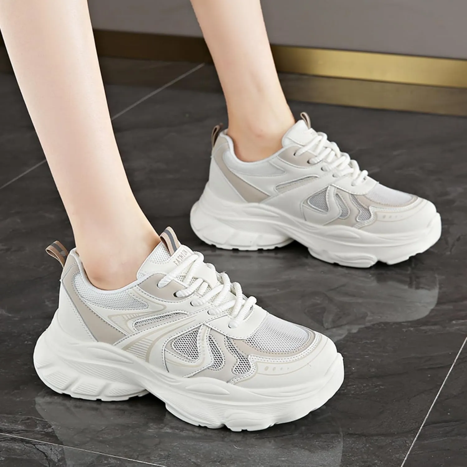 Chunky Sneakers for Women Fashion Platform Leather Casual Dad Shoes with Height - Increasing Feature Comfortable Wedge Walking Sport Sneakers