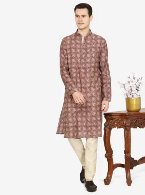 Dusty Brown Printed Cotton Blend Kurta | The Kurta Company