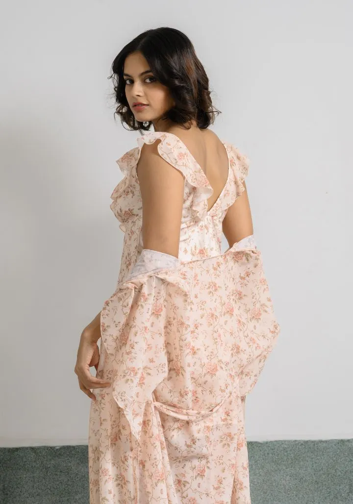 Floral Bloom  Satin Nighty Set with Drape