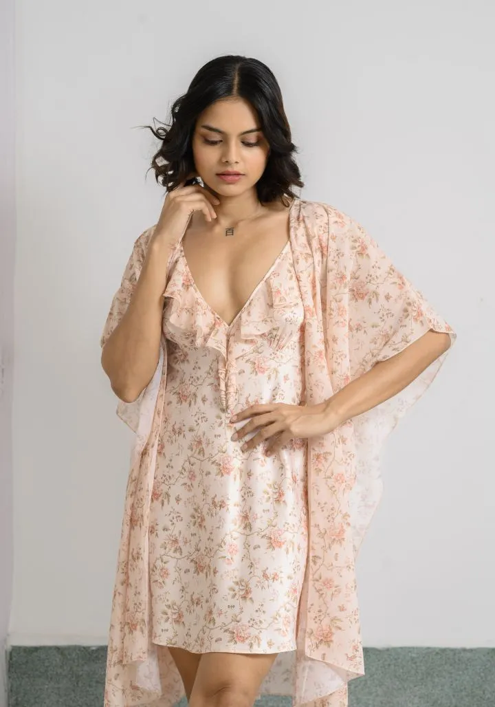 Floral Bloom  Satin Nighty Set with Drape