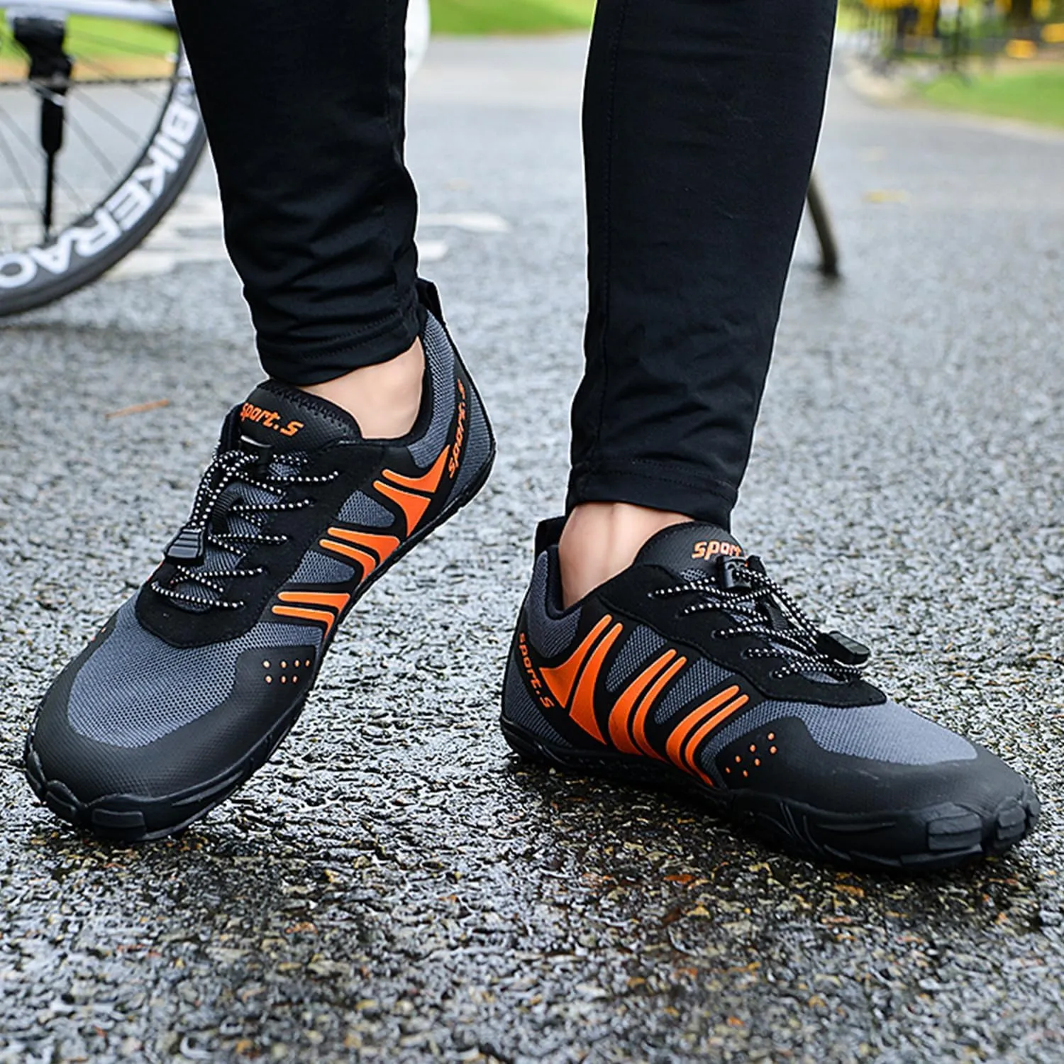 Hike Barefoot Shoes Men Wide Toe Box Minimalist Trail Running Shoes Mesh Athletic Sneakers with White Stripes Non-Slip Rubber Sole