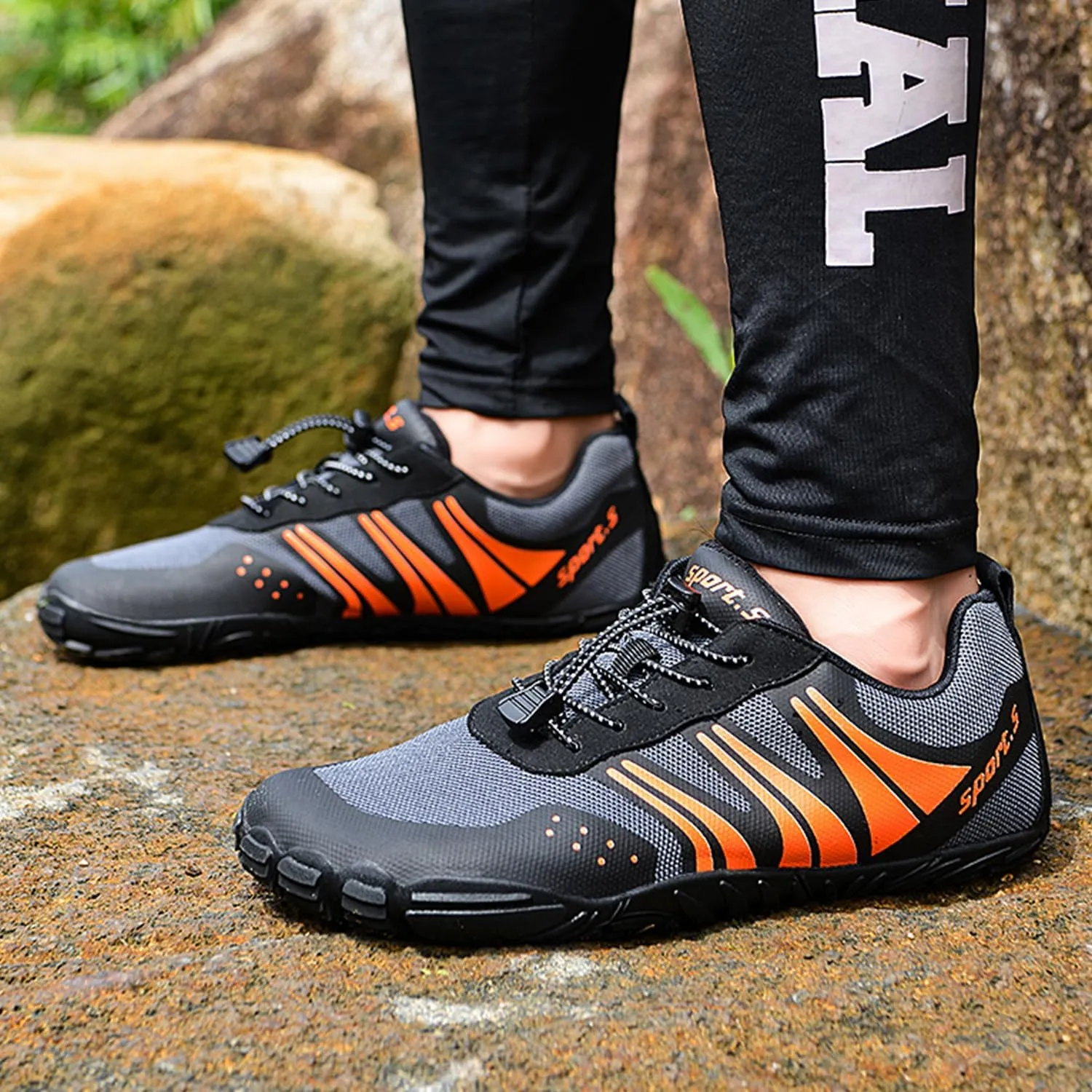Hike Barefoot Shoes Men Wide Toe Box Minimalist Trail Running Shoes Mesh Athletic Sneakers with White Stripes Non-Slip Rubber Sole
