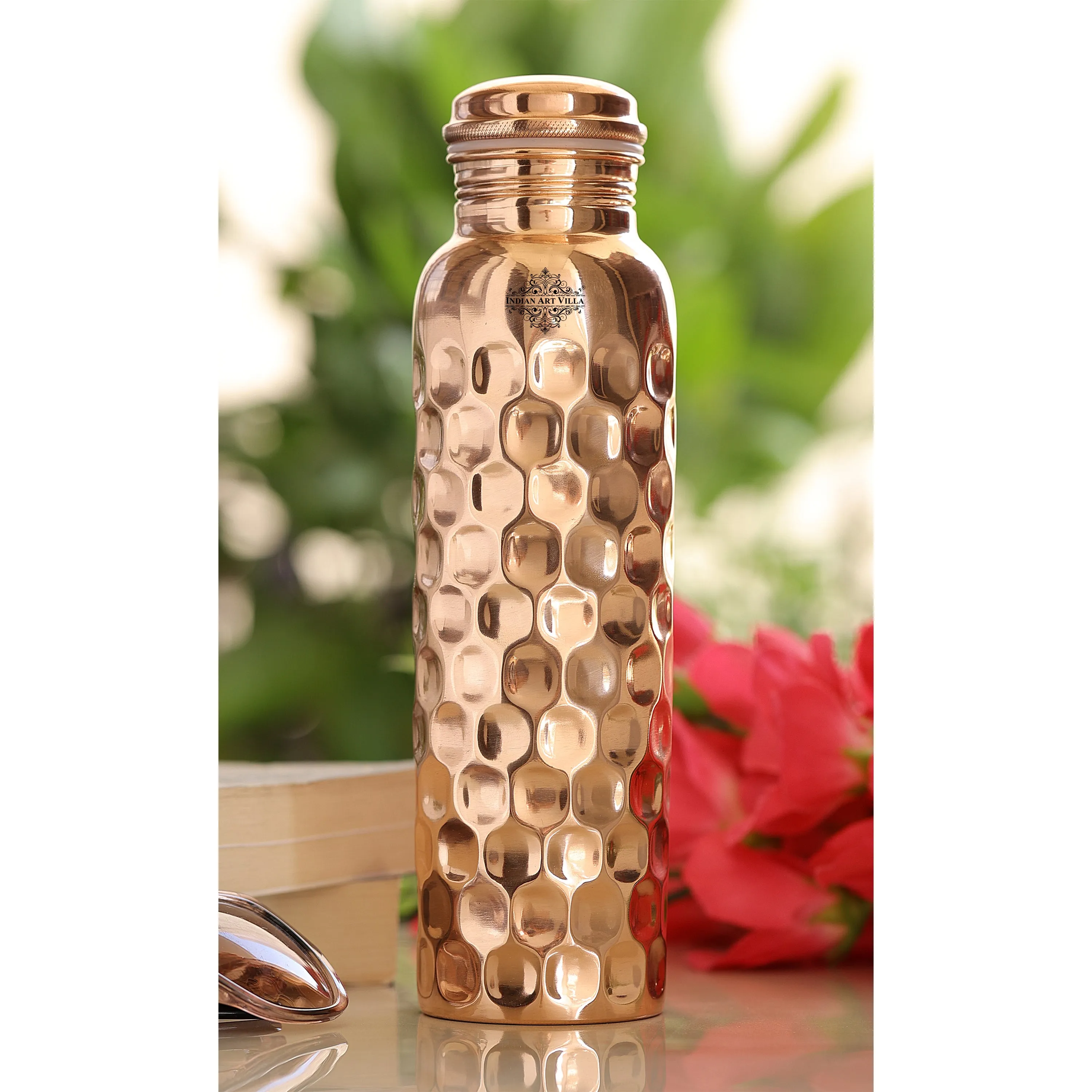 Indian Art Villa Pure Copper Mirror Shine Finish, Lacquer Coated Diamond Design Water Bottle, Ayurvedic Bottle for Daily Use, Drinkware, Perfect for Home, Office, Travel, and Gifting