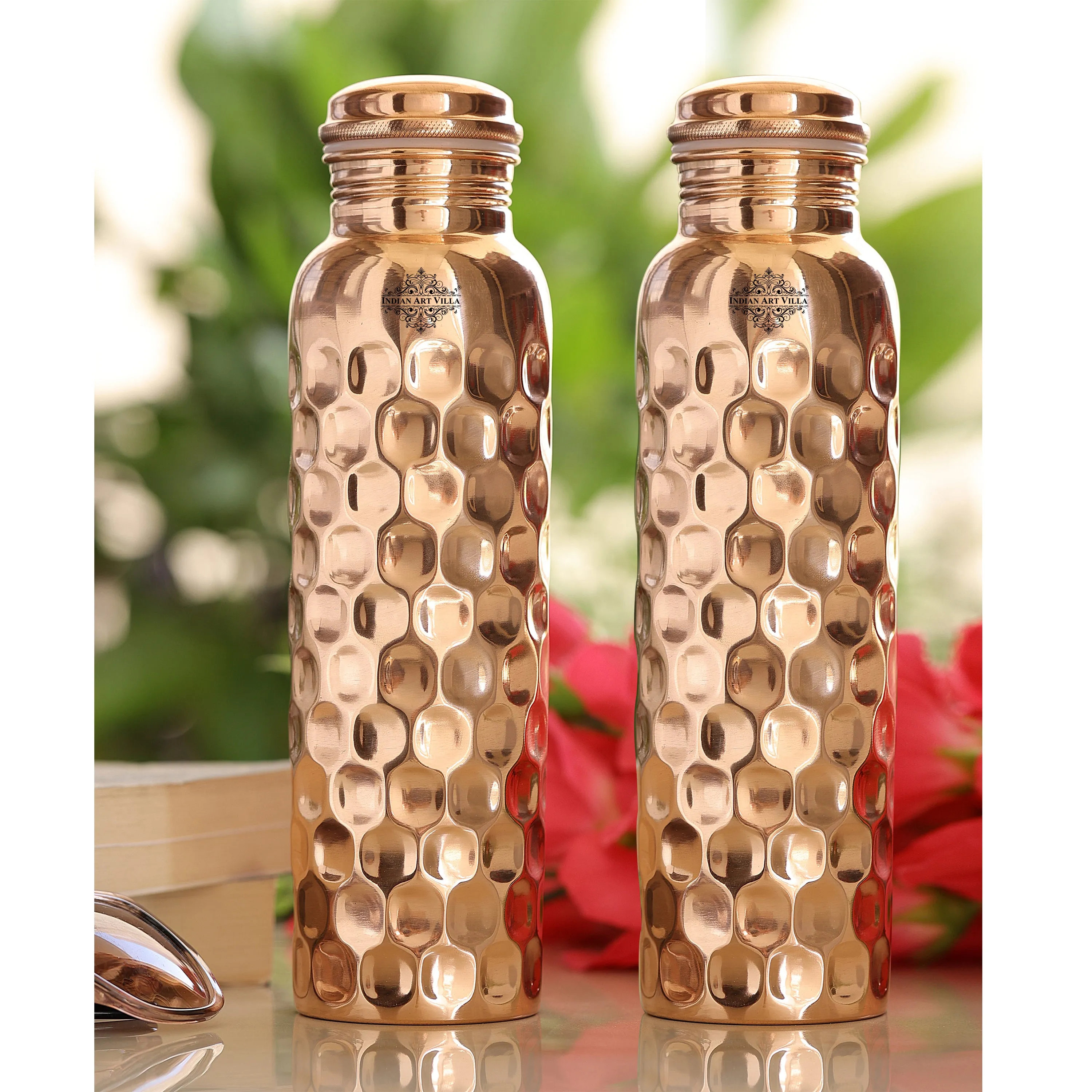 Indian Art Villa Pure Copper Mirror Shine Finish, Lacquer Coated Diamond Design Water Bottle, Ayurvedic Bottle for Daily Use, Drinkware, Perfect for Home, Office, Travel, and Gifting