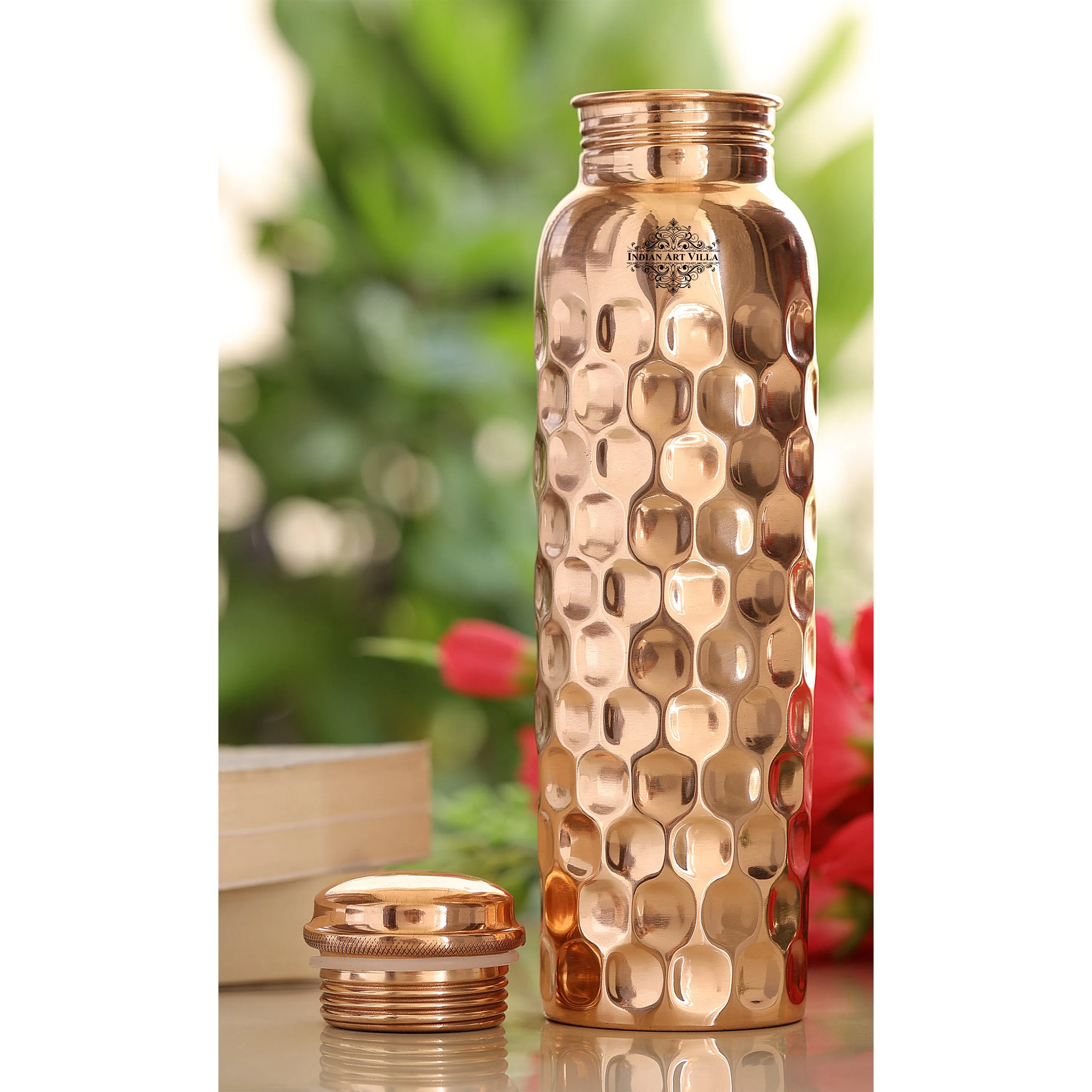 Indian Art Villa Pure Copper Mirror Shine Finish, Lacquer Coated Diamond Design Water Bottle, Ayurvedic Bottle for Daily Use, Drinkware, Perfect for Home, Office, Travel, and Gifting