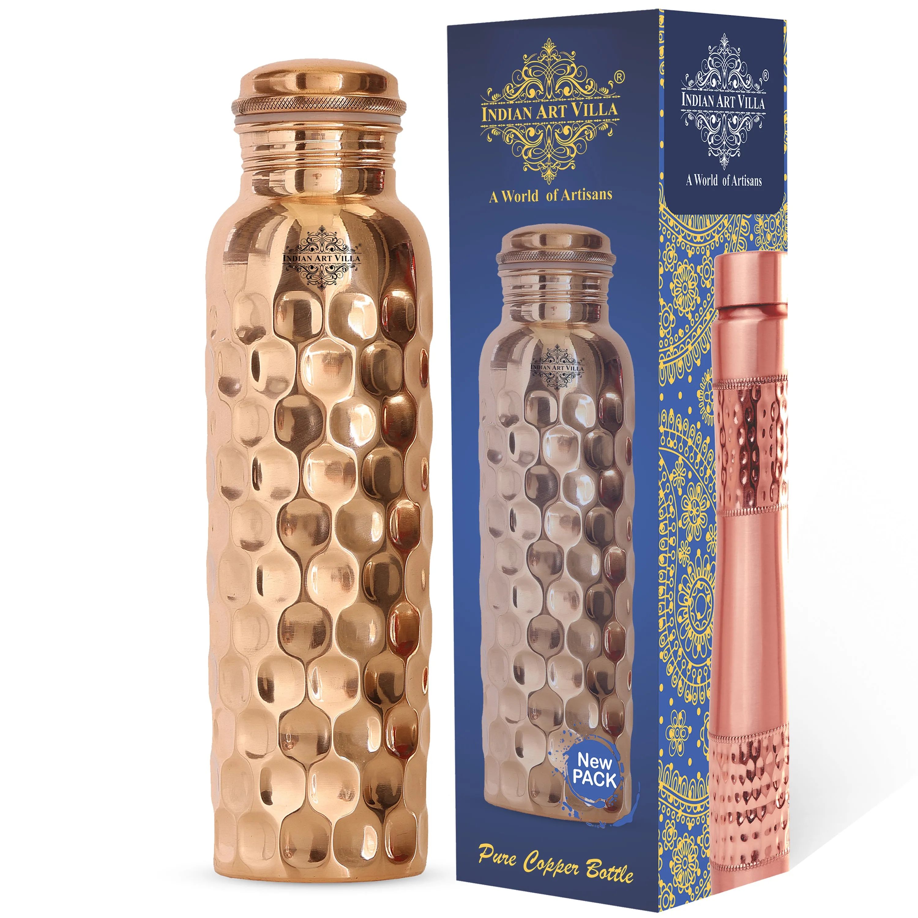 Indian Art Villa Pure Copper Mirror Shine Finish, Lacquer Coated Diamond Design Water Bottle, Ayurvedic Bottle for Daily Use, Drinkware, Perfect for Home, Office, Travel, and Gifting