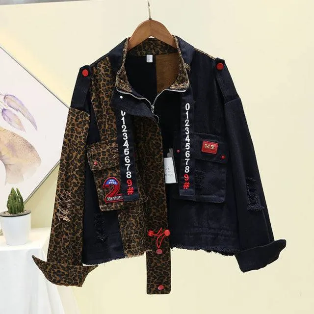 Loose Short Leopard Stitching Sequins Digital Coat Jacket PARIS Street wear