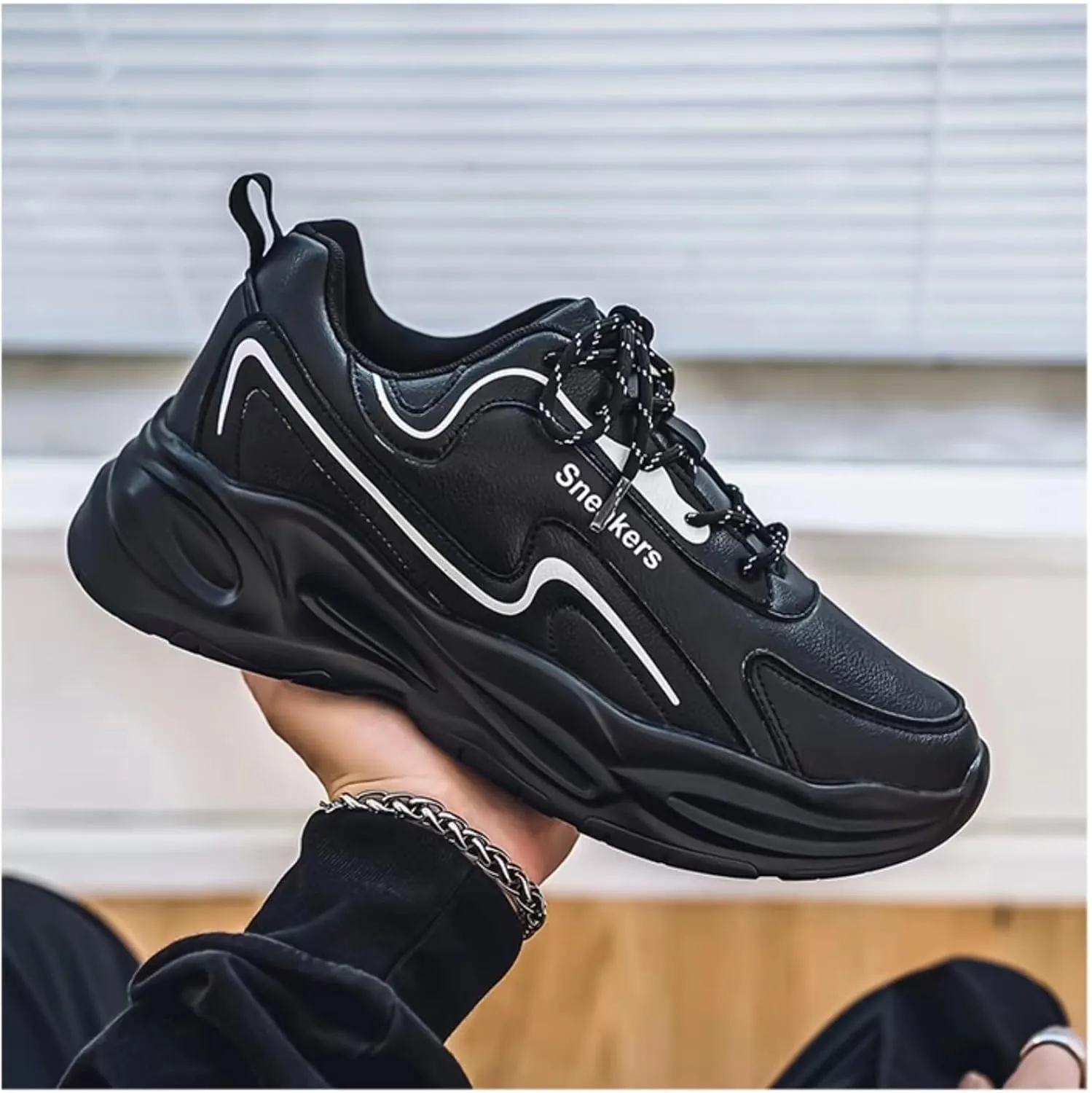 Mens Fashion Leather Platform Lace Up Sneakers Casual Chunky Heels Non Slip Dad Shoes for Walking Driving Travel