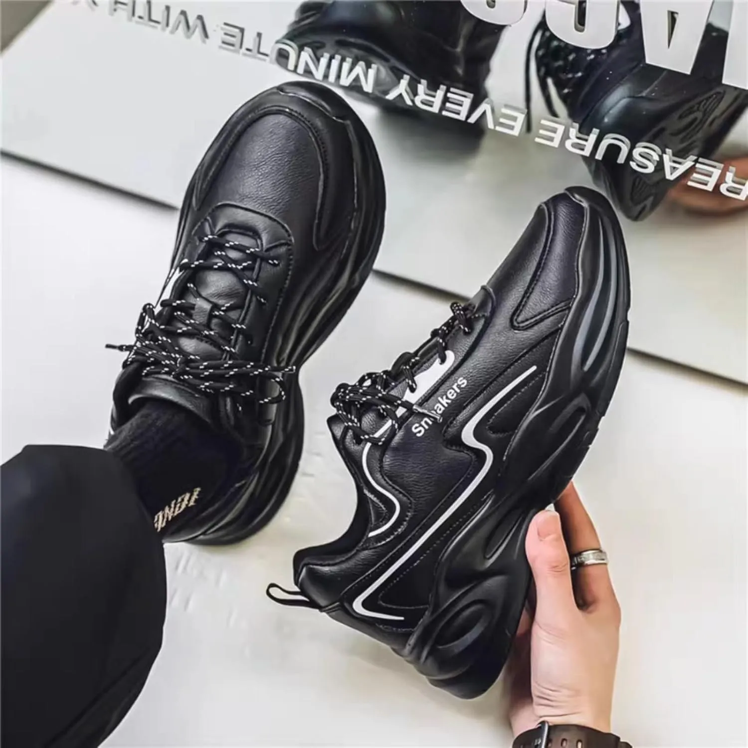 Mens Fashion Leather Platform Lace Up Sneakers Casual Chunky Heels Non Slip Dad Shoes for Walking Driving Travel