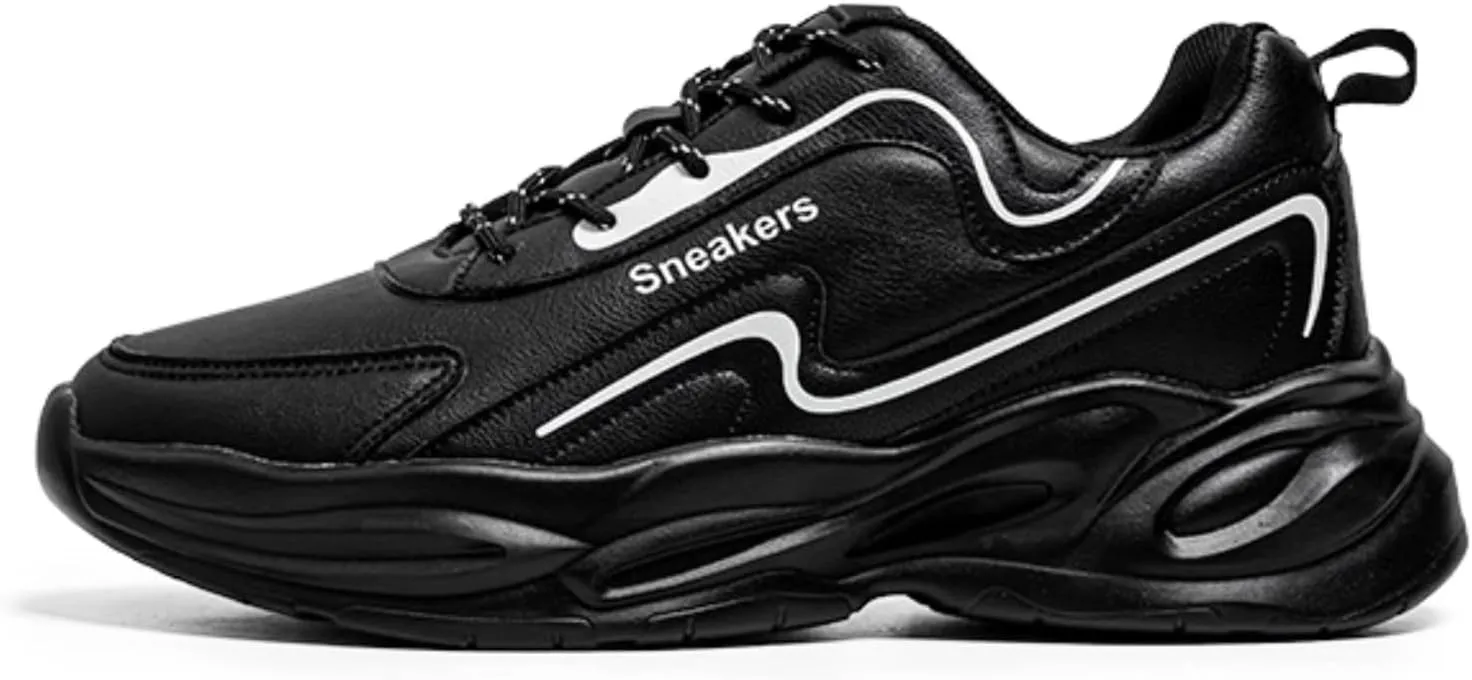 Mens Fashion Leather Platform Lace Up Sneakers Casual Chunky Heels Non Slip Dad Shoes for Walking Driving Travel