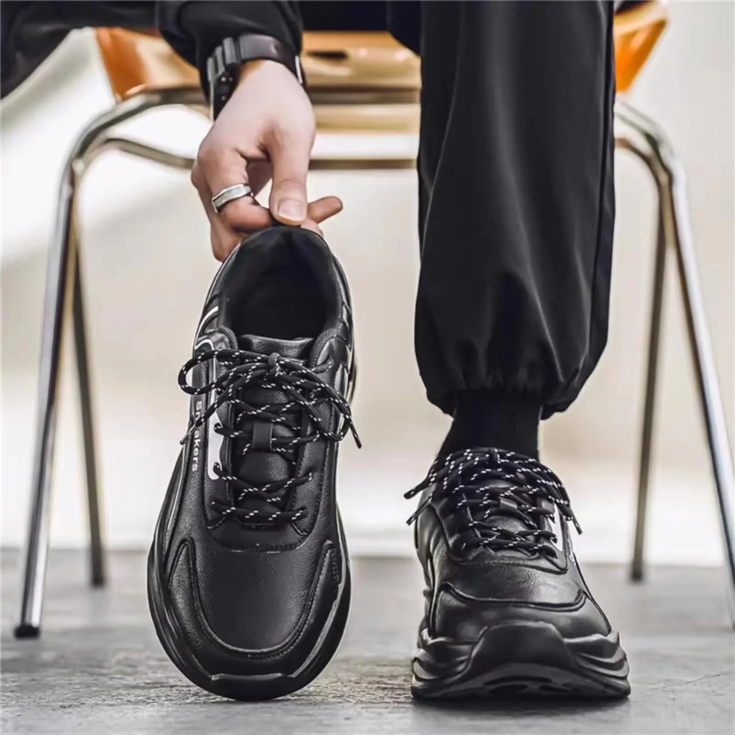 Mens Fashion Leather Platform Lace Up Sneakers Casual Chunky Heels Non Slip Dad Shoes for Walking Driving Travel