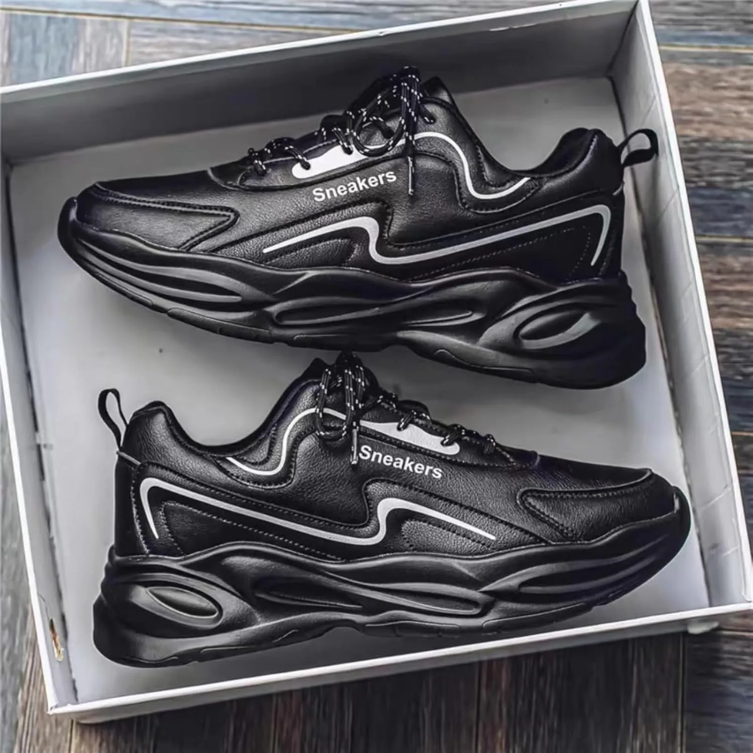 Mens Fashion Leather Platform Lace Up Sneakers Casual Chunky Heels Non Slip Dad Shoes for Walking Driving Travel
