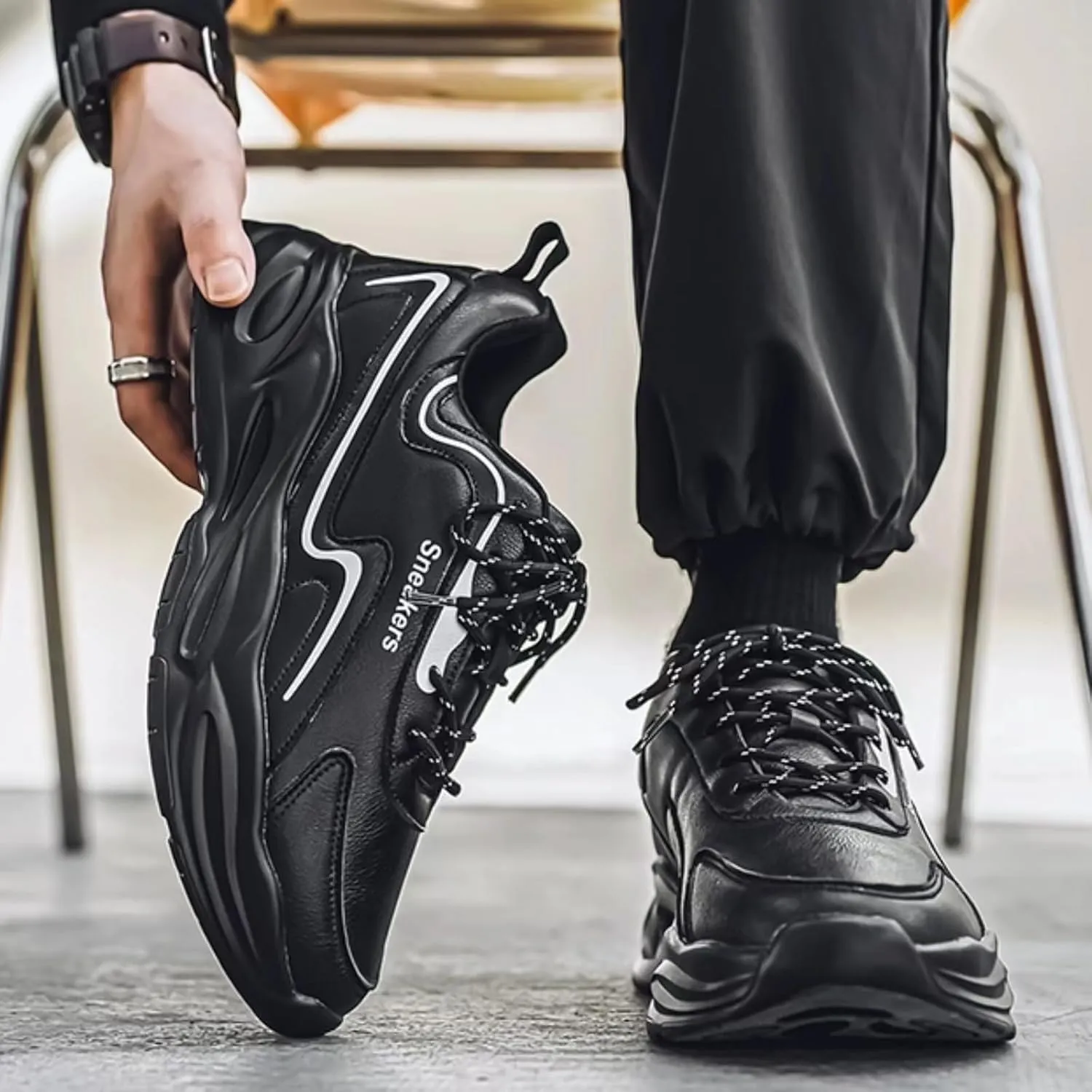 Mens Fashion Leather Platform Lace Up Sneakers Casual Chunky Heels Non Slip Dad Shoes for Walking Driving Travel