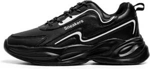 Mens Fashion Leather Platform Lace Up Sneakers Casual Chunky Heels Non Slip Dad Shoes for Walking Driving Travel