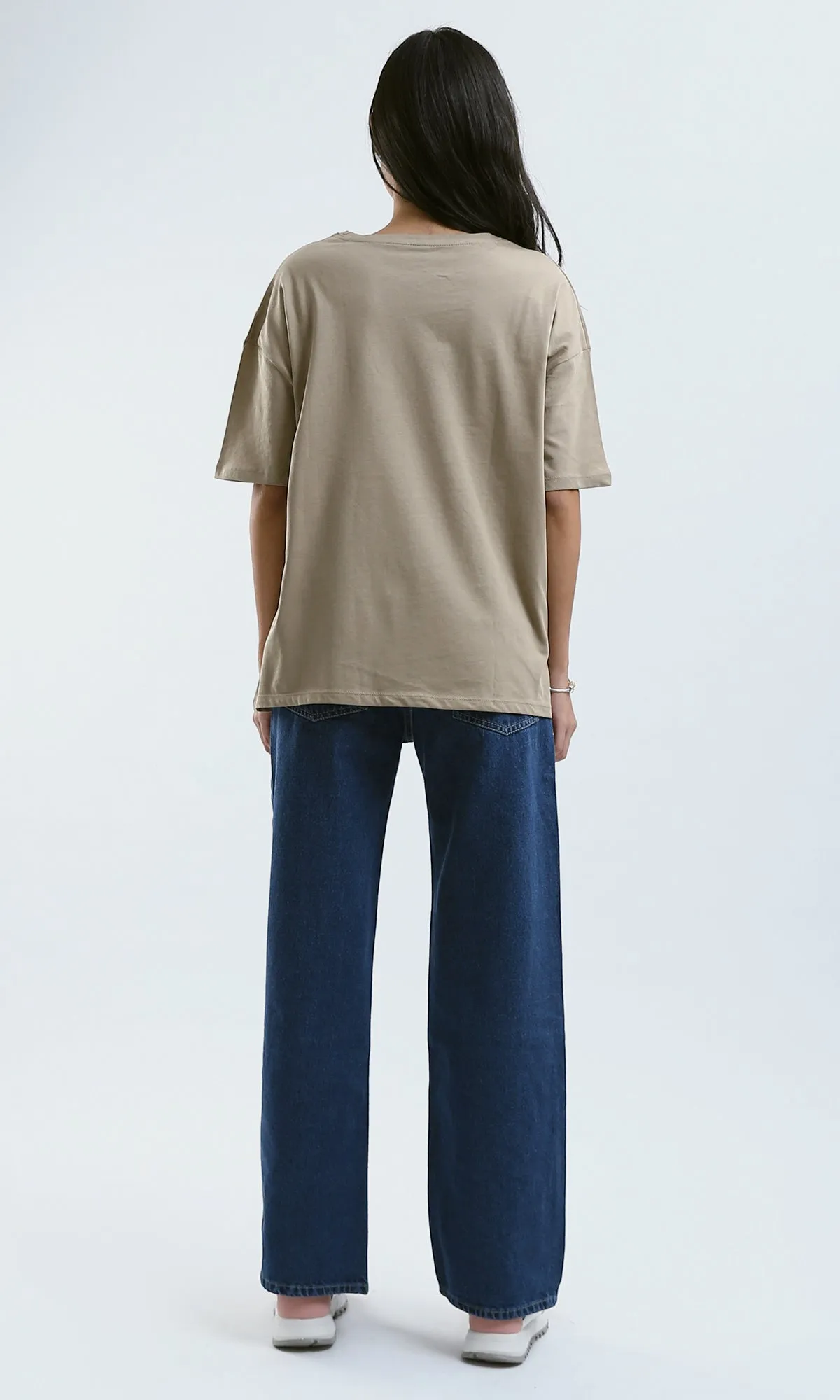 O181681 Printed Elbow-Sleeves Mocha Cotton Tee