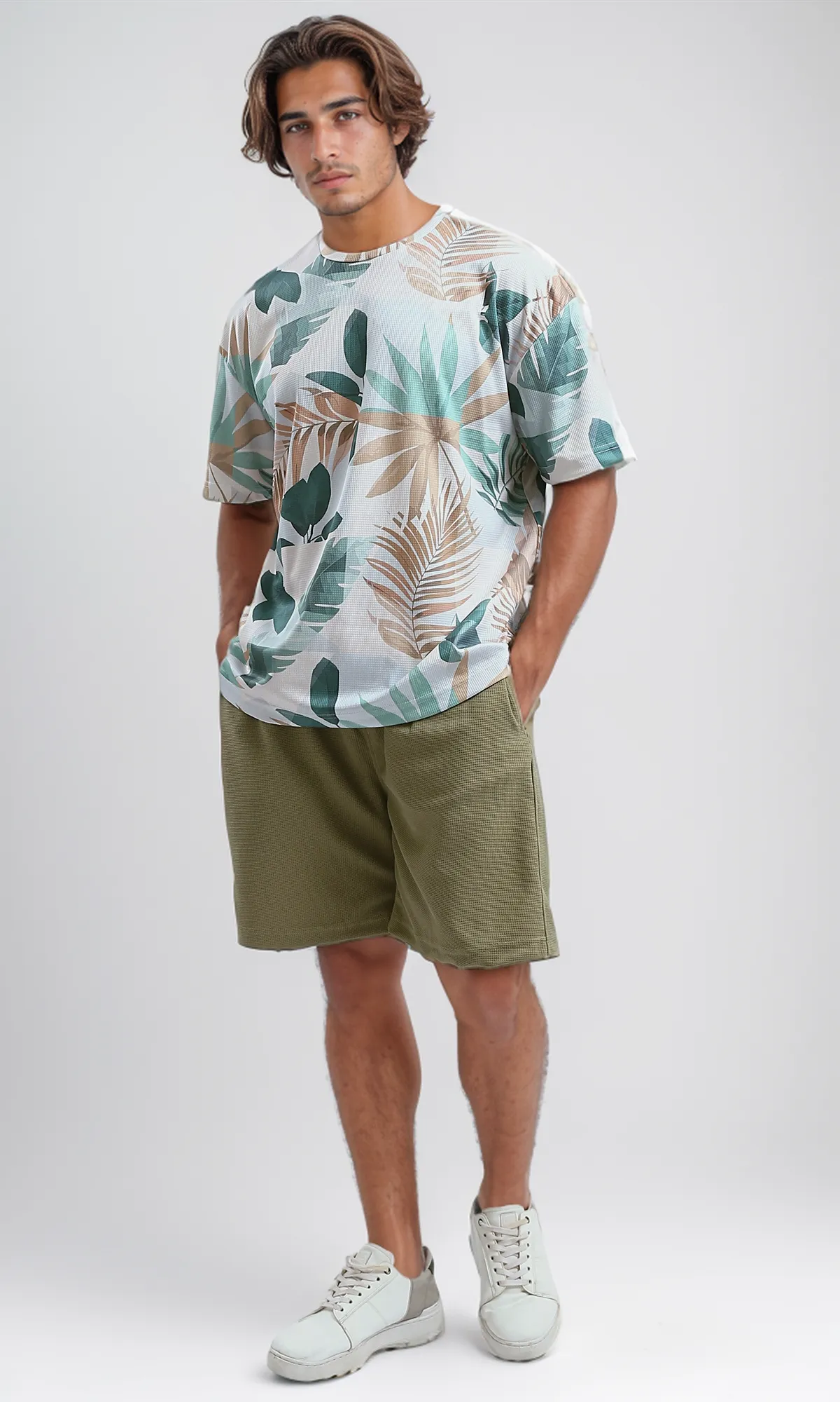 O182744 Elastic Waist Patterned Summer Shorts - Light Olive