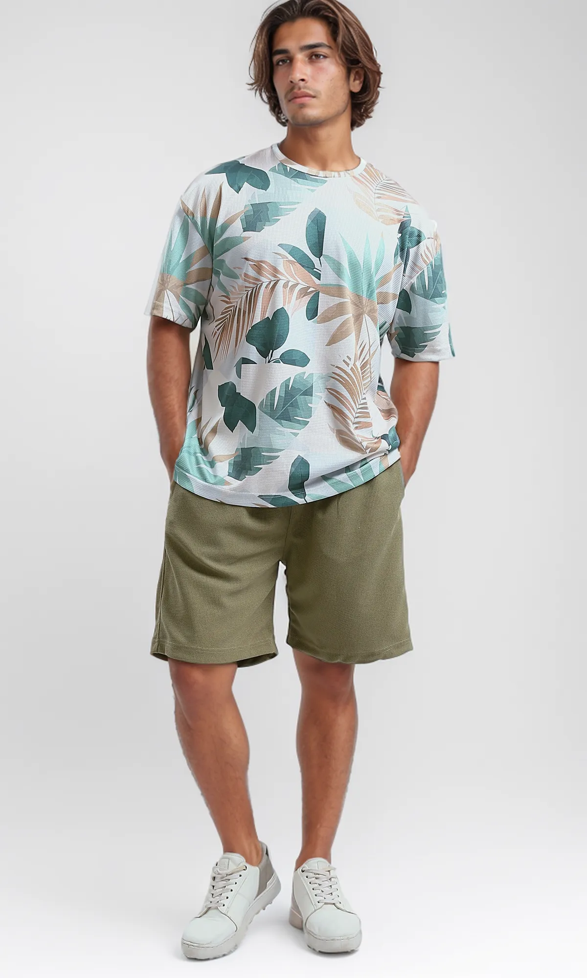 O182744 Elastic Waist Patterned Summer Shorts - Light Olive