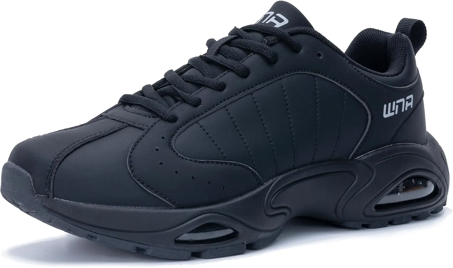 Quseek Mens Running Shoes Air Athletic Fashion Leather Sneakers Comfortable Non Slip Walking Jogging Workout Gym Sports Shoe AllBlack Size 11.5