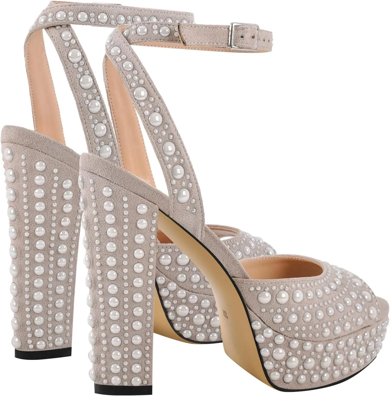Richealnana Women's Platform Pearl Chunky Heel Wedding Sandals Ankle Strap With Buckle Open Toe High Heel Sandals For Party Prom