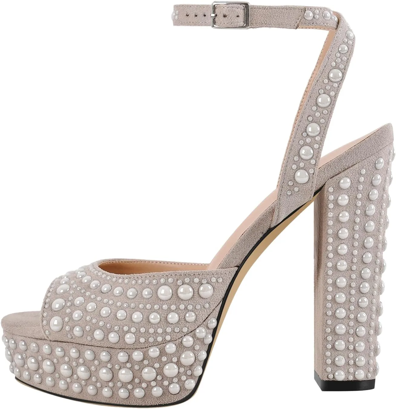 Richealnana Women's Platform Pearl Chunky Heel Wedding Sandals Ankle Strap With Buckle Open Toe High Heel Sandals For Party Prom