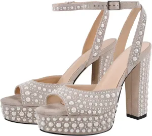 Richealnana Women's Platform Pearl Chunky Heel Wedding Sandals Ankle Strap With Buckle Open Toe High Heel Sandals For Party Prom