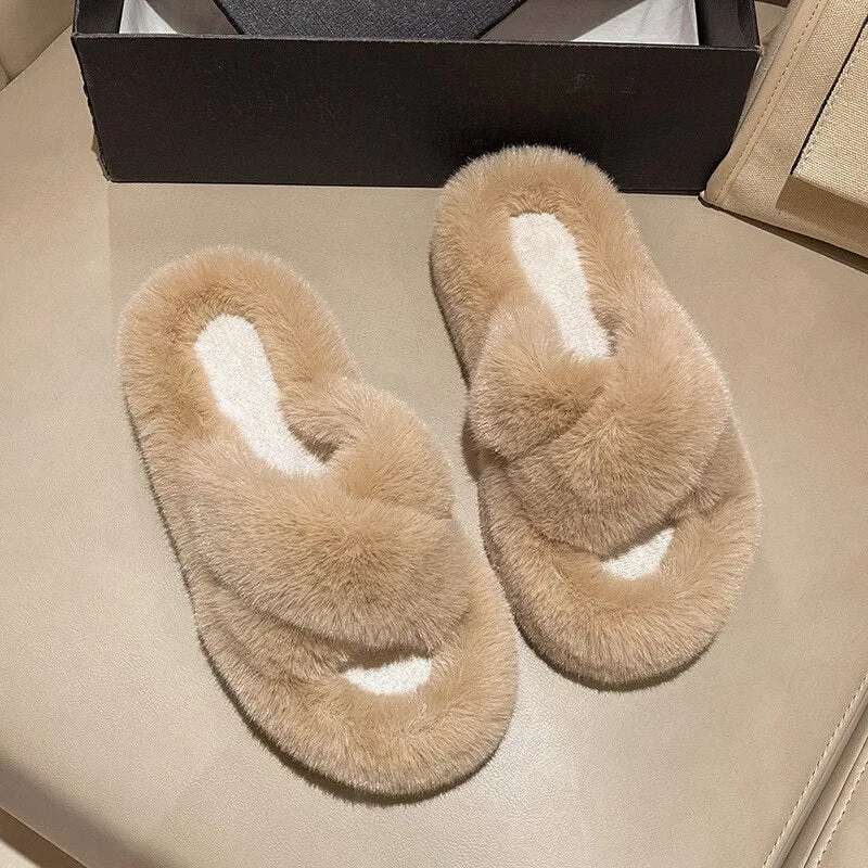 Shoes for Women 2022 New Fluffy Fur Slippers Women Winter Warm Solid Color Versatile Lovely Casual Footwear Soft Chinelos Planos