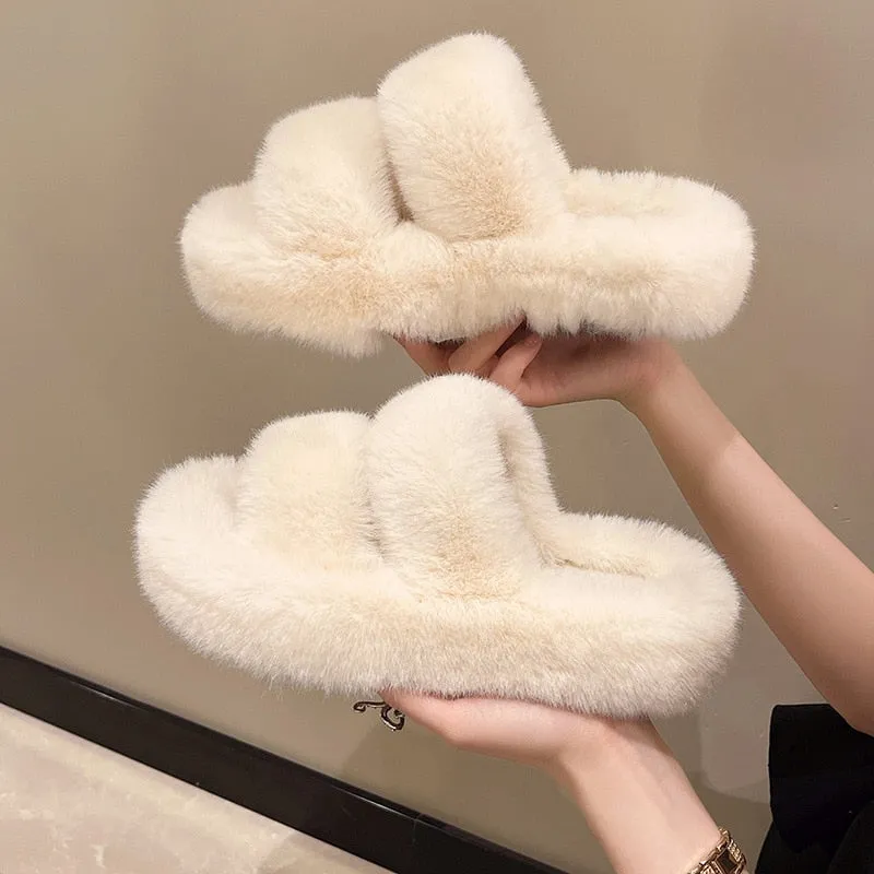 Shoes for Women 2022 New Fluffy Fur Slippers Women Winter Warm Solid Color Versatile Lovely Casual Footwear Soft Chinelos Planos