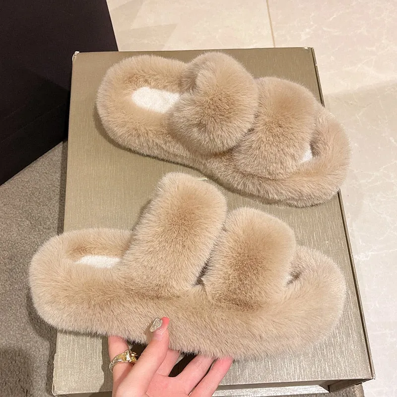 Shoes for Women 2022 New Fluffy Fur Slippers Women Winter Warm Solid Color Versatile Lovely Casual Footwear Soft Chinelos Planos