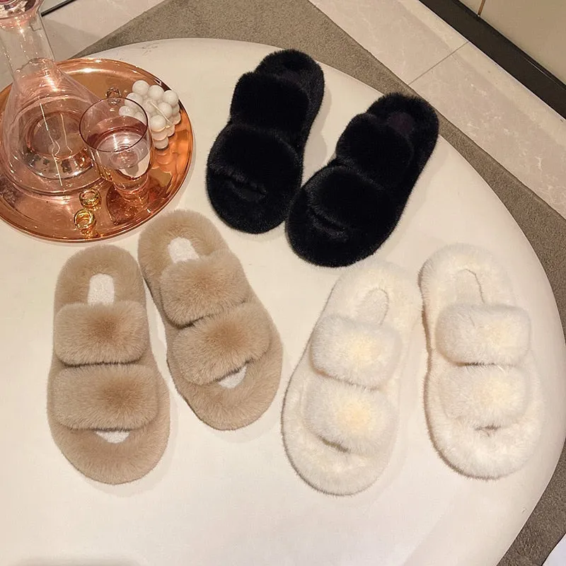 Shoes for Women 2022 New Fluffy Fur Slippers Women Winter Warm Solid Color Versatile Lovely Casual Footwear Soft Chinelos Planos
