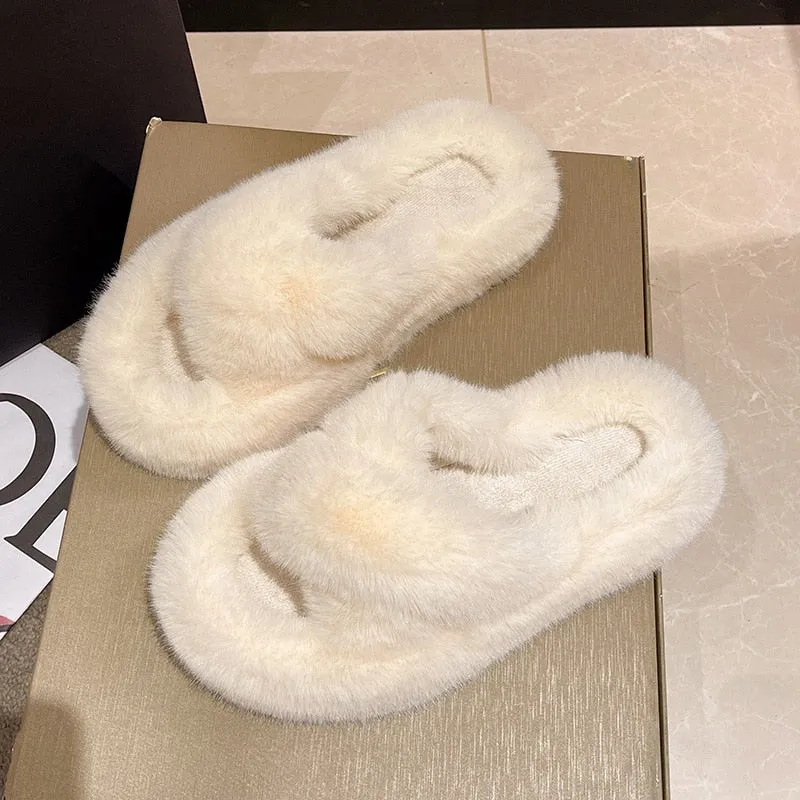 Shoes for Women 2022 New Fluffy Fur Slippers Women Winter Warm Solid Color Versatile Lovely Casual Footwear Soft Chinelos Planos