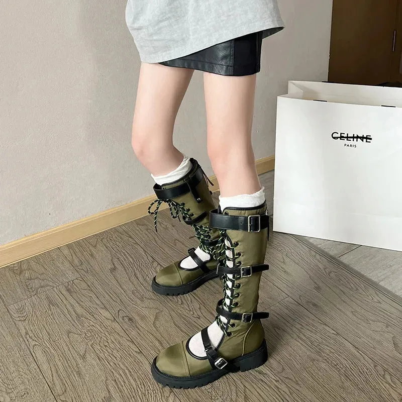 Sohiwoo Women's Summer Chunky Platform Long Boots Gothic Costumes Knight Boots Versatile Strap Bandage Knee-high Boots Zapatos De Mujer