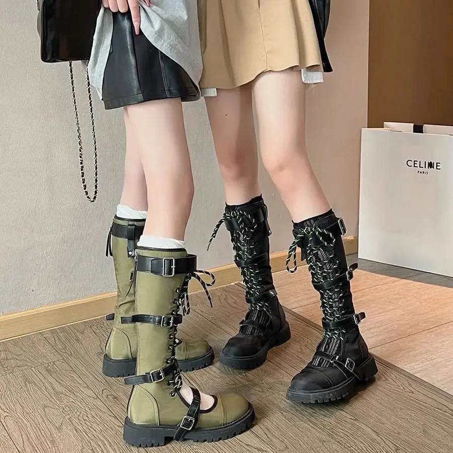 Sohiwoo Women's Summer Chunky Platform Long Boots Gothic Costumes Knight Boots Versatile Strap Bandage Knee-high Boots Zapatos De Mujer