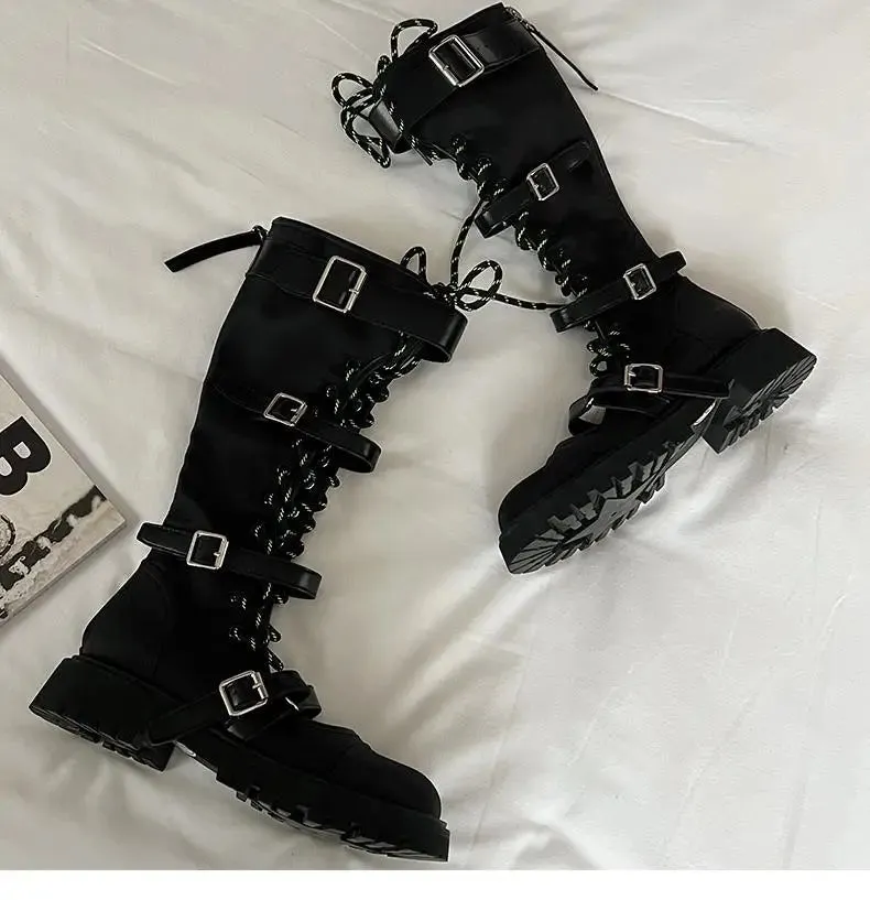 Sohiwoo Women's Summer Chunky Platform Long Boots Gothic Costumes Knight Boots Versatile Strap Bandage Knee-high Boots Zapatos De Mujer
