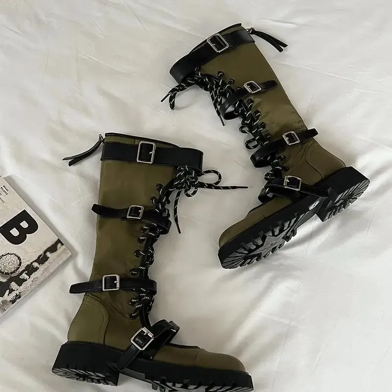 Sohiwoo Women's Summer Chunky Platform Long Boots Gothic Costumes Knight Boots Versatile Strap Bandage Knee-high Boots Zapatos De Mujer