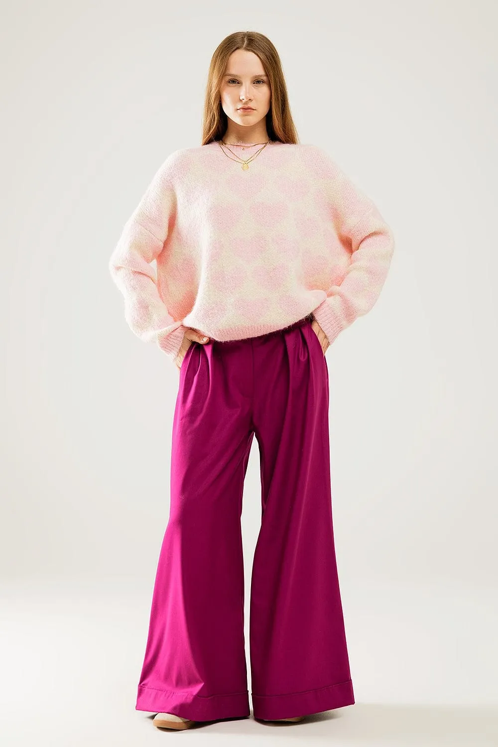 Super Soft Oversized Cream Sweater With Pink Hearts All Over