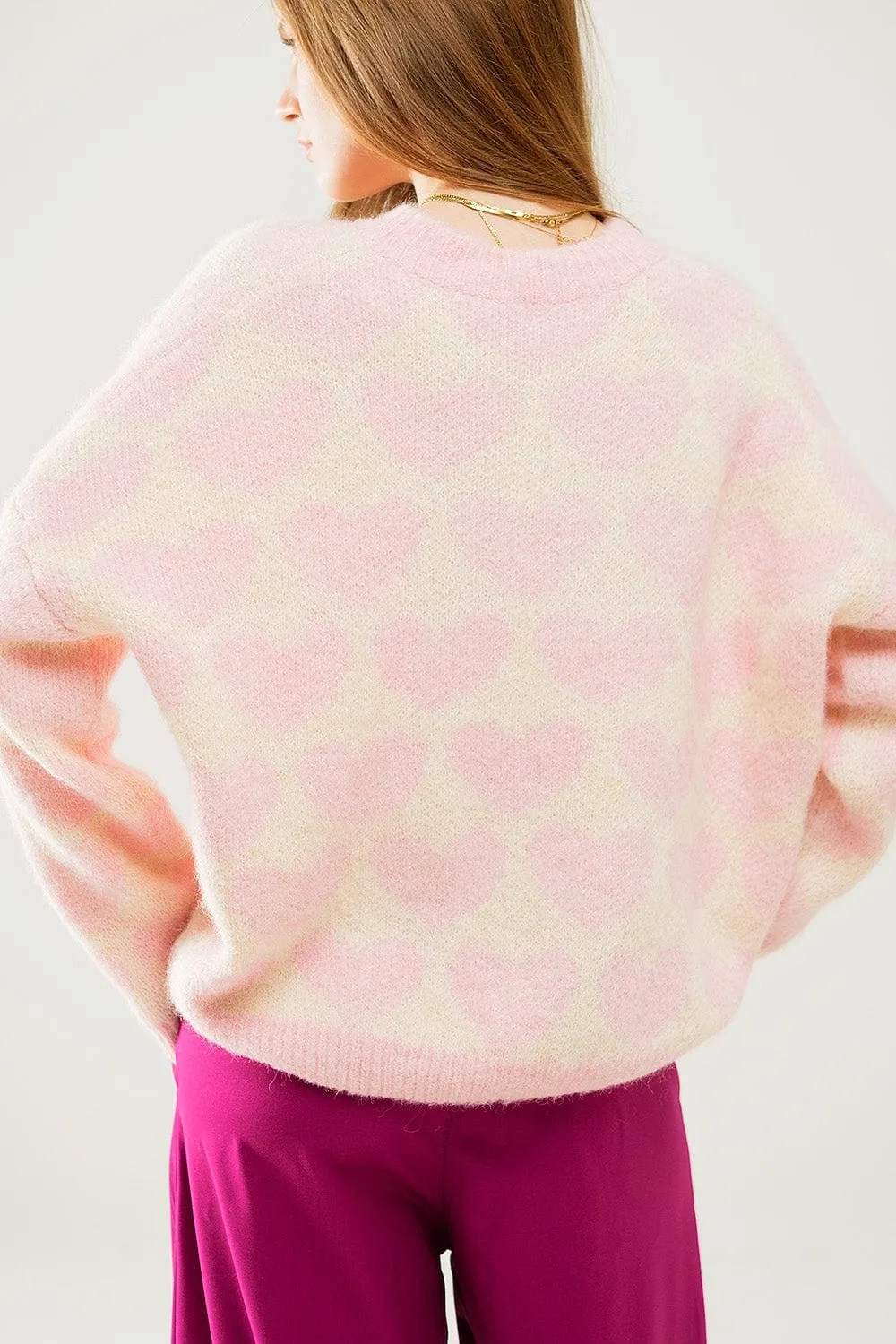 Super Soft Oversized Cream Sweater With Pink Hearts All Over