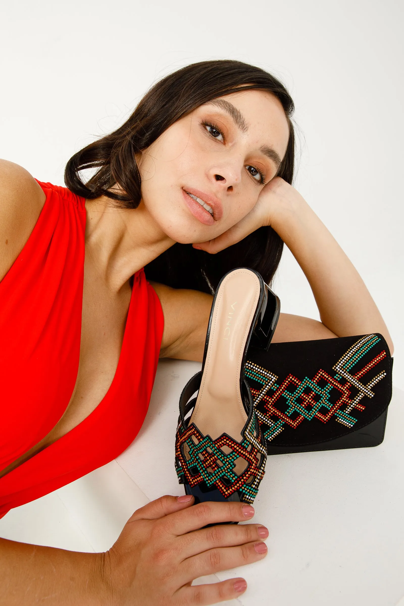 The Palma Black Glitter Leather Block Heel Women Sandal