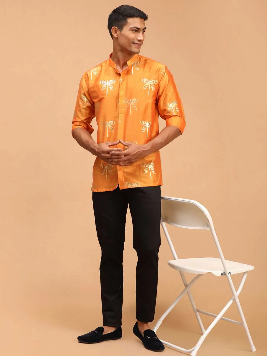 VASTRAMAY Men's Orange Foil Print Shirt