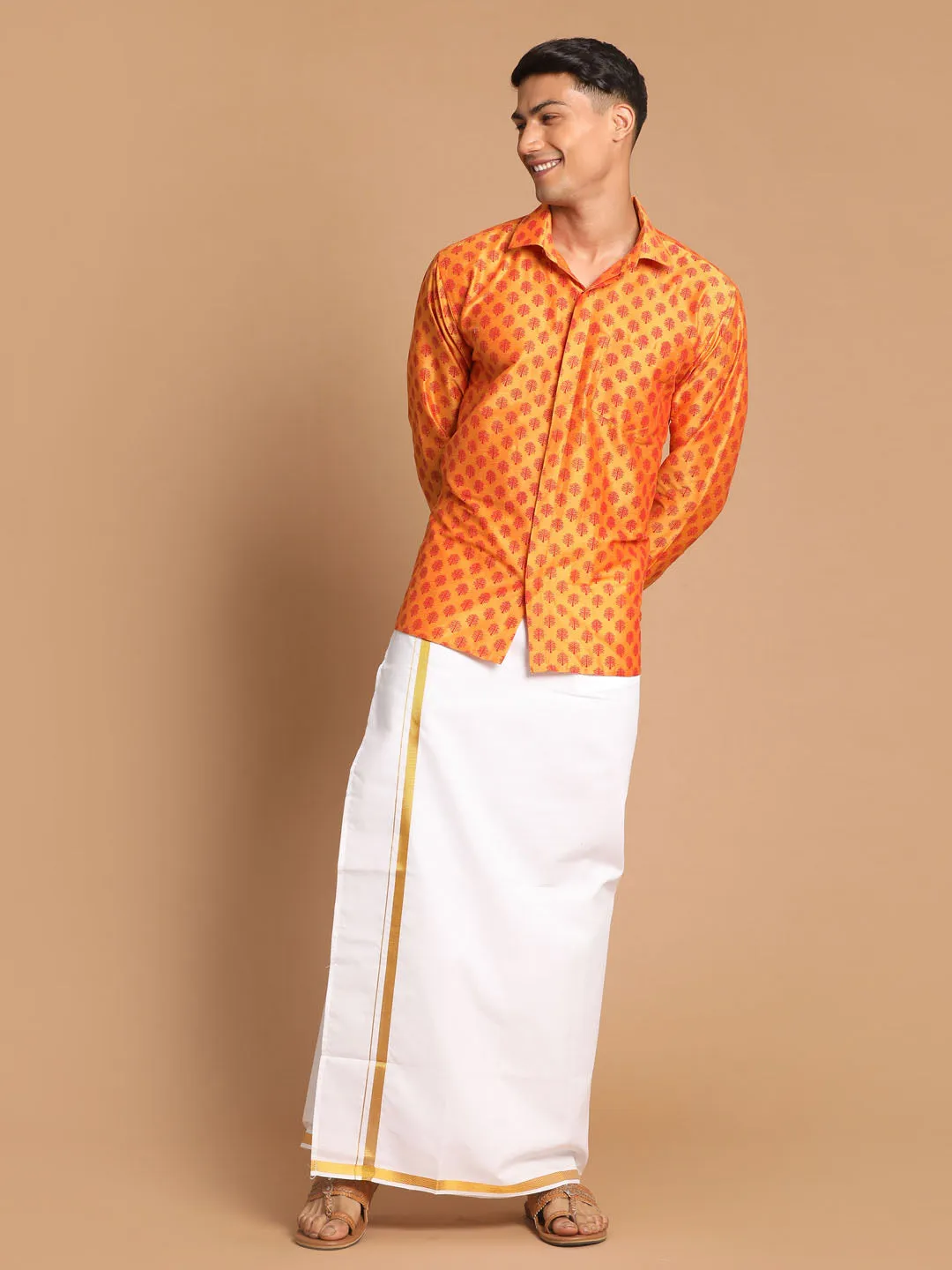VASTRAMAY Men's Orange Silk Blend Printed Shirt And Mundu Set