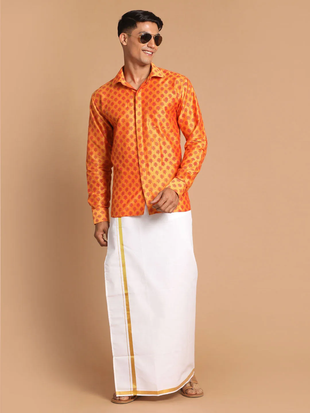 VASTRAMAY Men's Orange Silk Blend Printed Shirt And Mundu Set