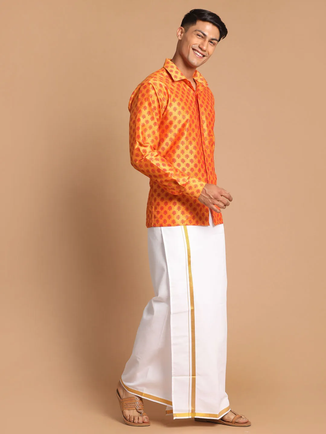 VASTRAMAY Men's Orange Silk Blend Printed Shirt And Mundu Set