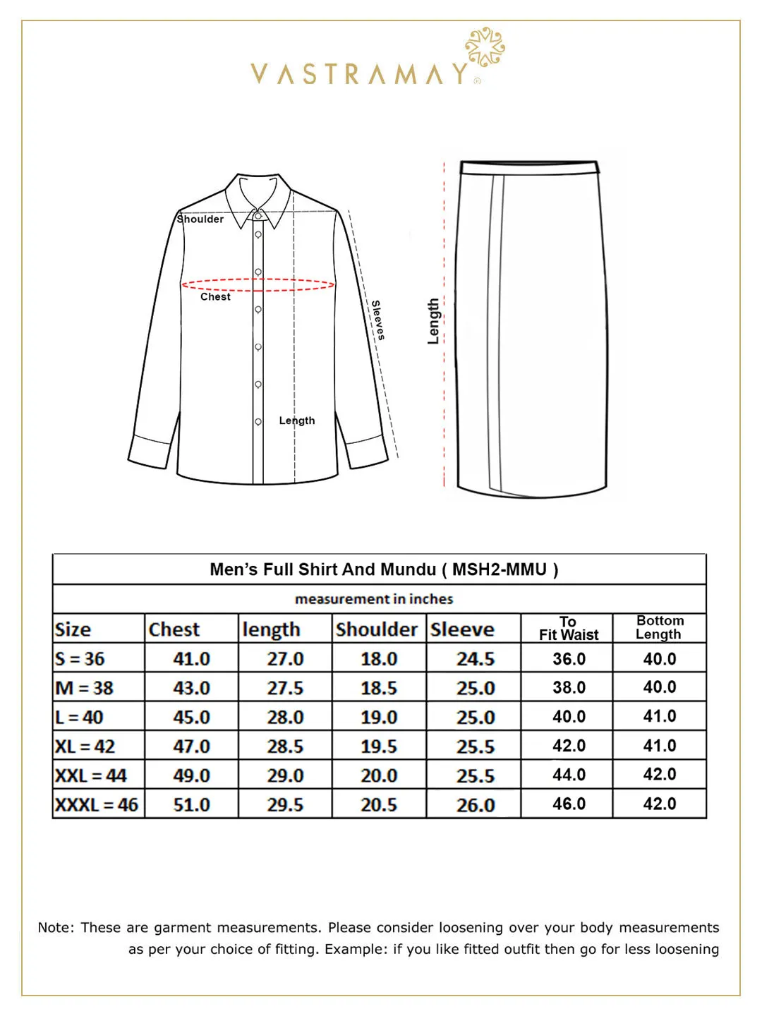 VASTRAMAY Men's Orange Silk Blend Printed Shirt And Mundu Set