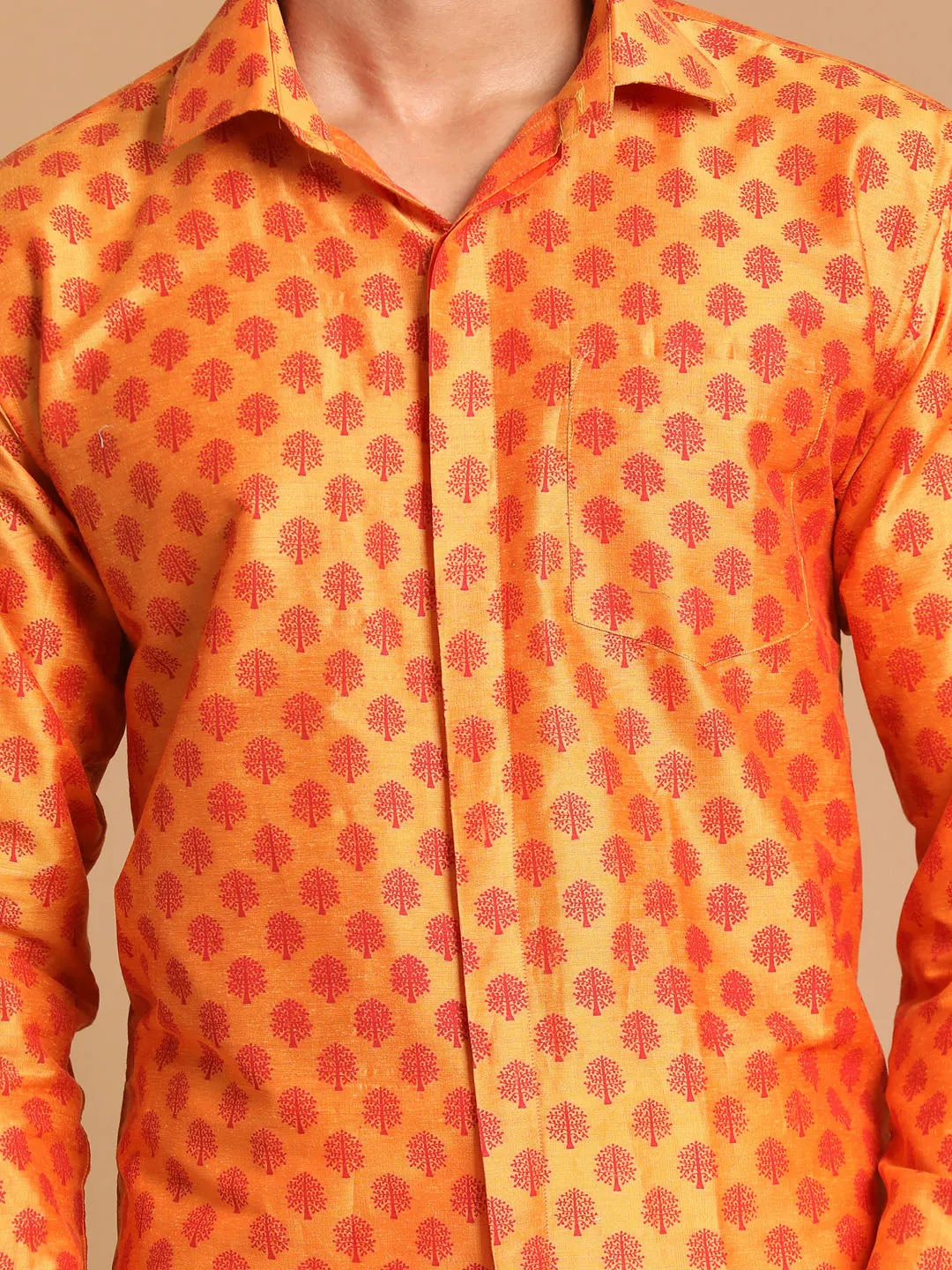 VASTRAMAY Men's Orange Silk Blend Printed Shirt And Mundu Set