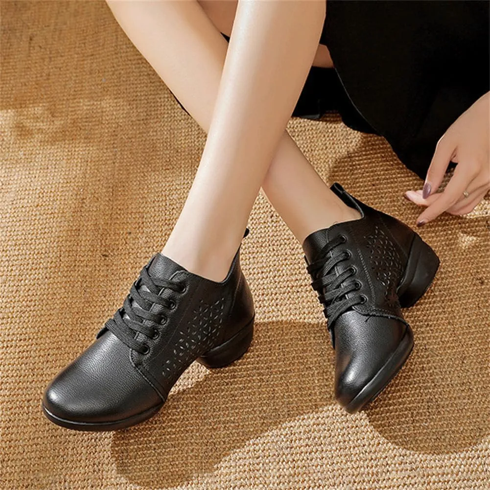 VEACAM Women Fashion Jazz Sneakers Comfort Wedge Platform Leather Dancing Shoes Lace-Up Ballroom Dance Trainers