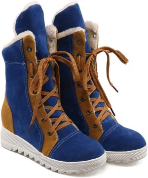 VOKLIN Women's Lace Up Winter Fur Snow Ankle Boots Suede Hidden Mid Heel Wide Warm Cotton Snow Short Booties