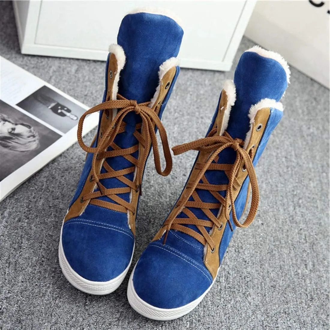VOKLIN Women's Lace Up Winter Fur Snow Ankle Boots Suede Hidden Mid Heel Wide Warm Cotton Snow Short Booties