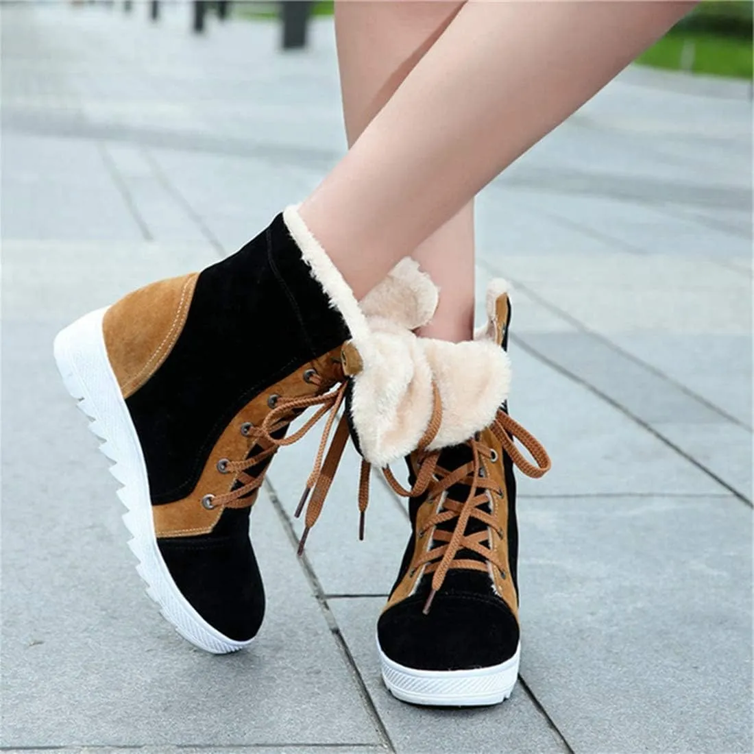 VOKLIN Women's Lace Up Winter Fur Snow Ankle Boots Suede Hidden Mid Heel Wide Warm Cotton Snow Short Booties